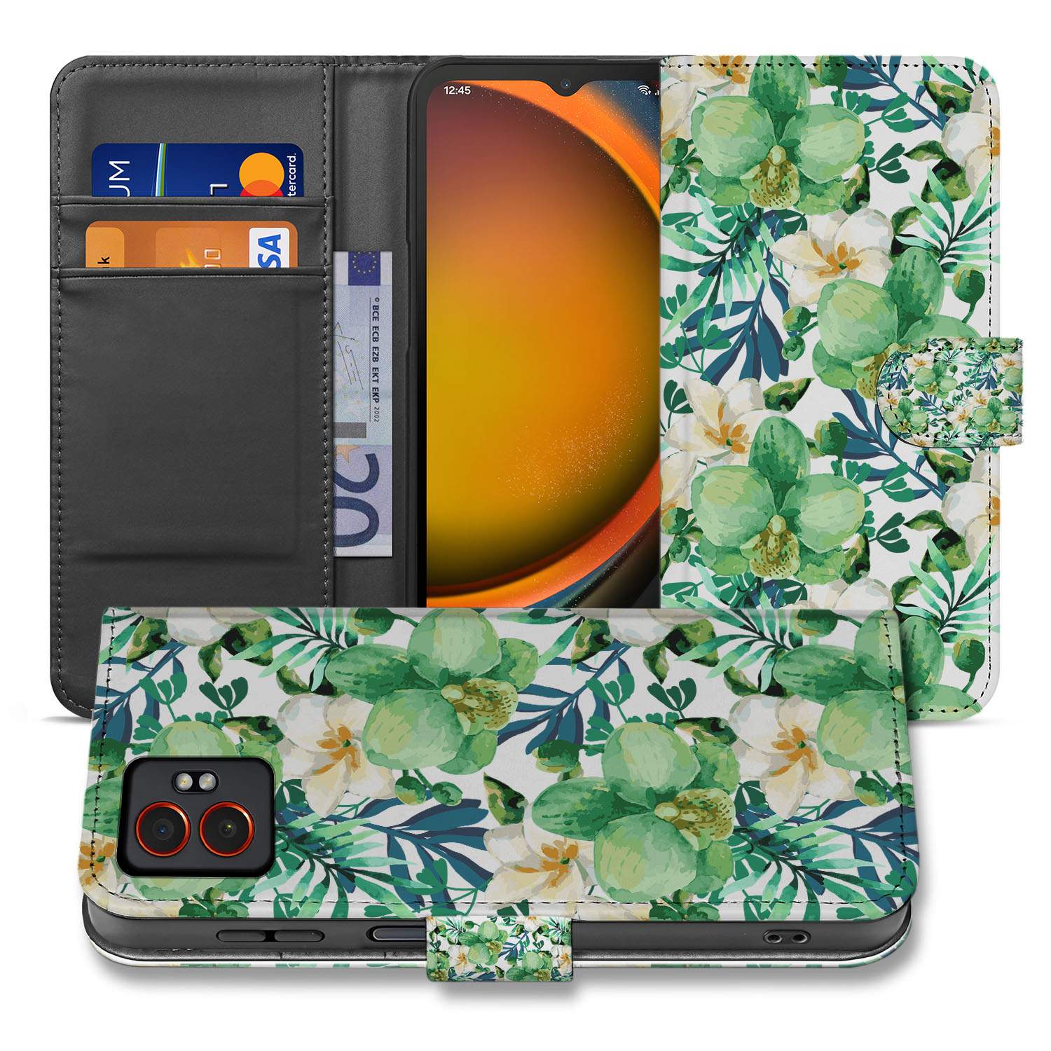 Samsung Galaxy Xcover 7 Pro Elegant Orchidee Groen Design Bookcase Hoesje met Pasjeshouder en Bescherming aanzicht