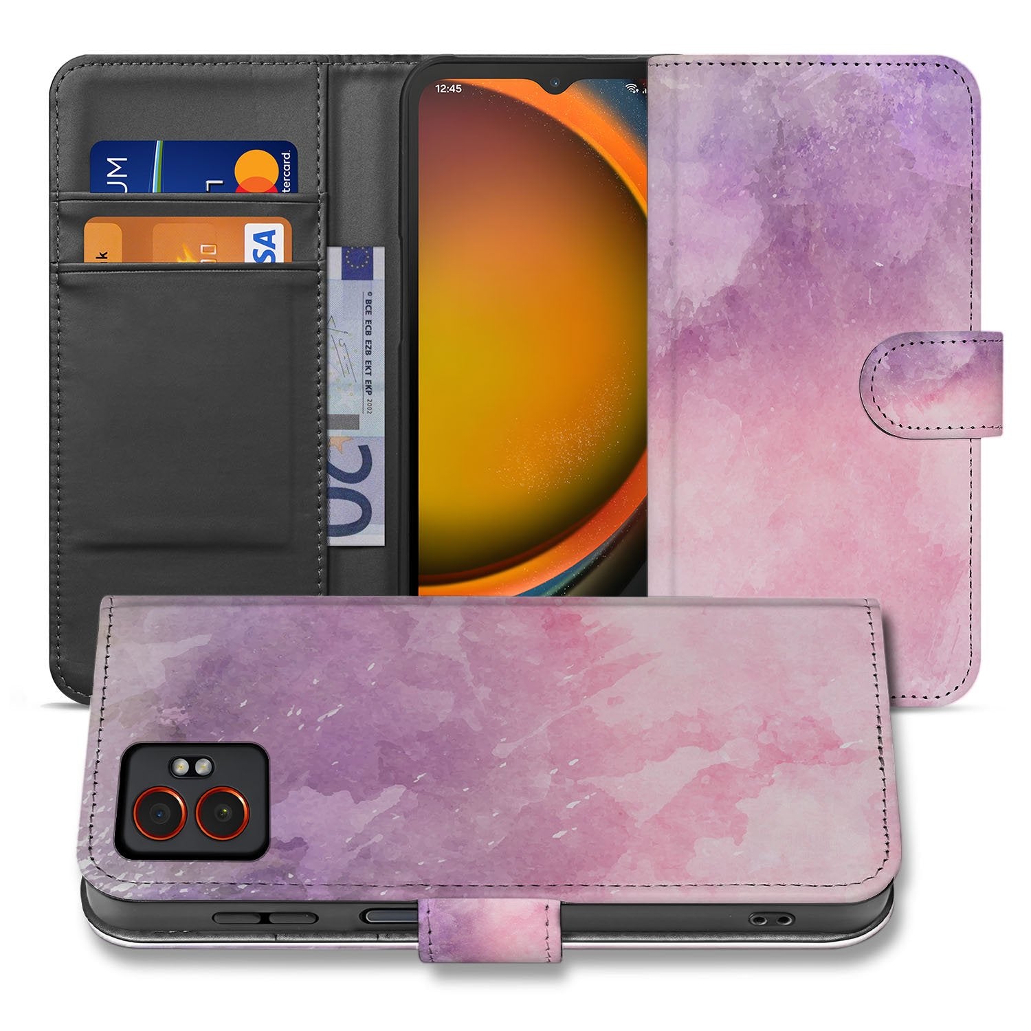 Samsung Galaxy Xcover 7 Pro Book Case & Portemonnee Hoesje Roze Paars Waterverf Design aanzicht