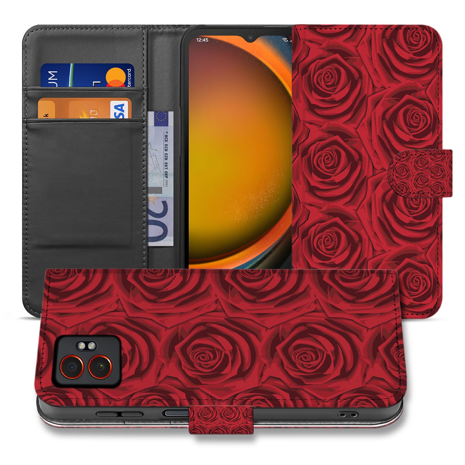 Samsung Galaxy Xcover 7 Pro Elegant Red Roses Design Bookcase Hoesje voorkant en achterkant