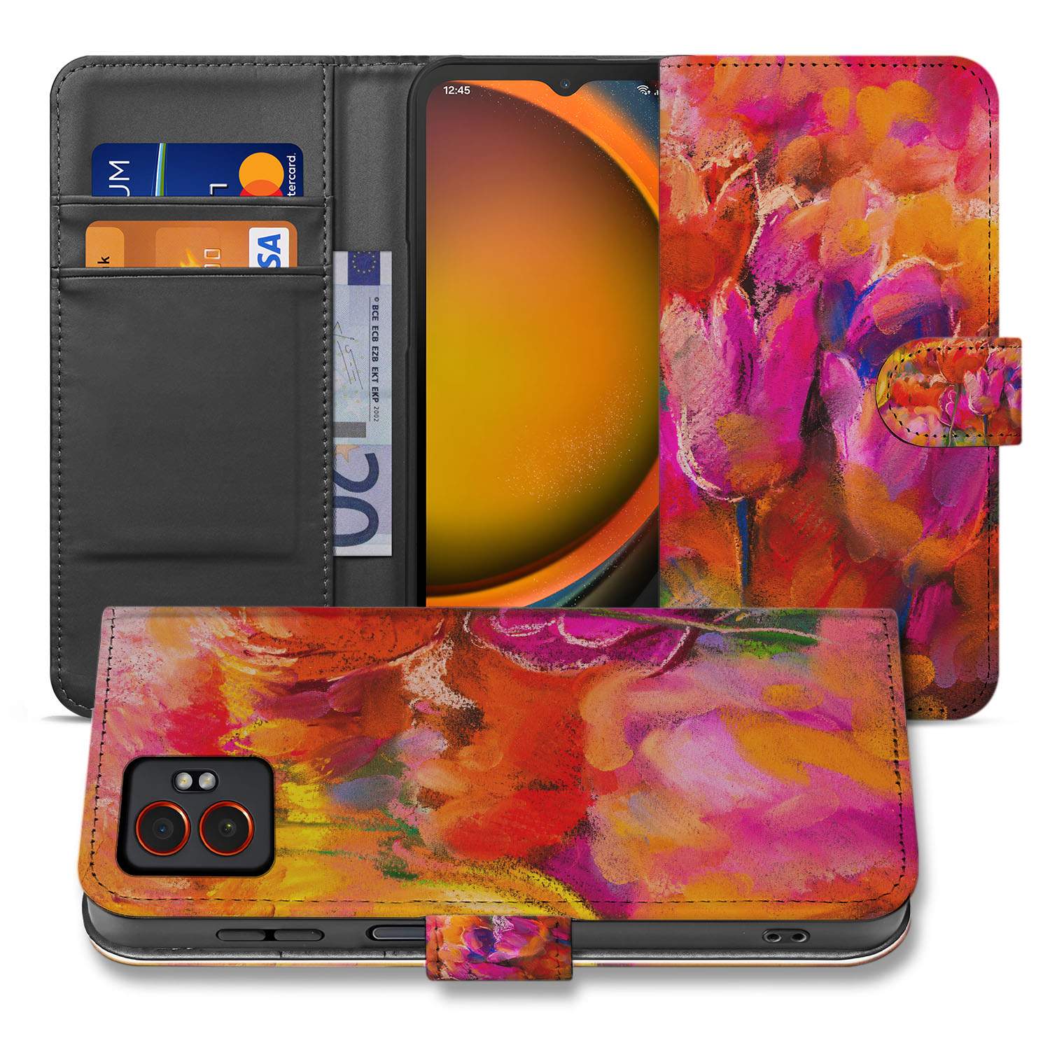 Tulips Samsung Galaxy Xcover 7 Pro Book Case Portemonnee Hoesje voorzijde en zijkant met kleurrijk tulpen design