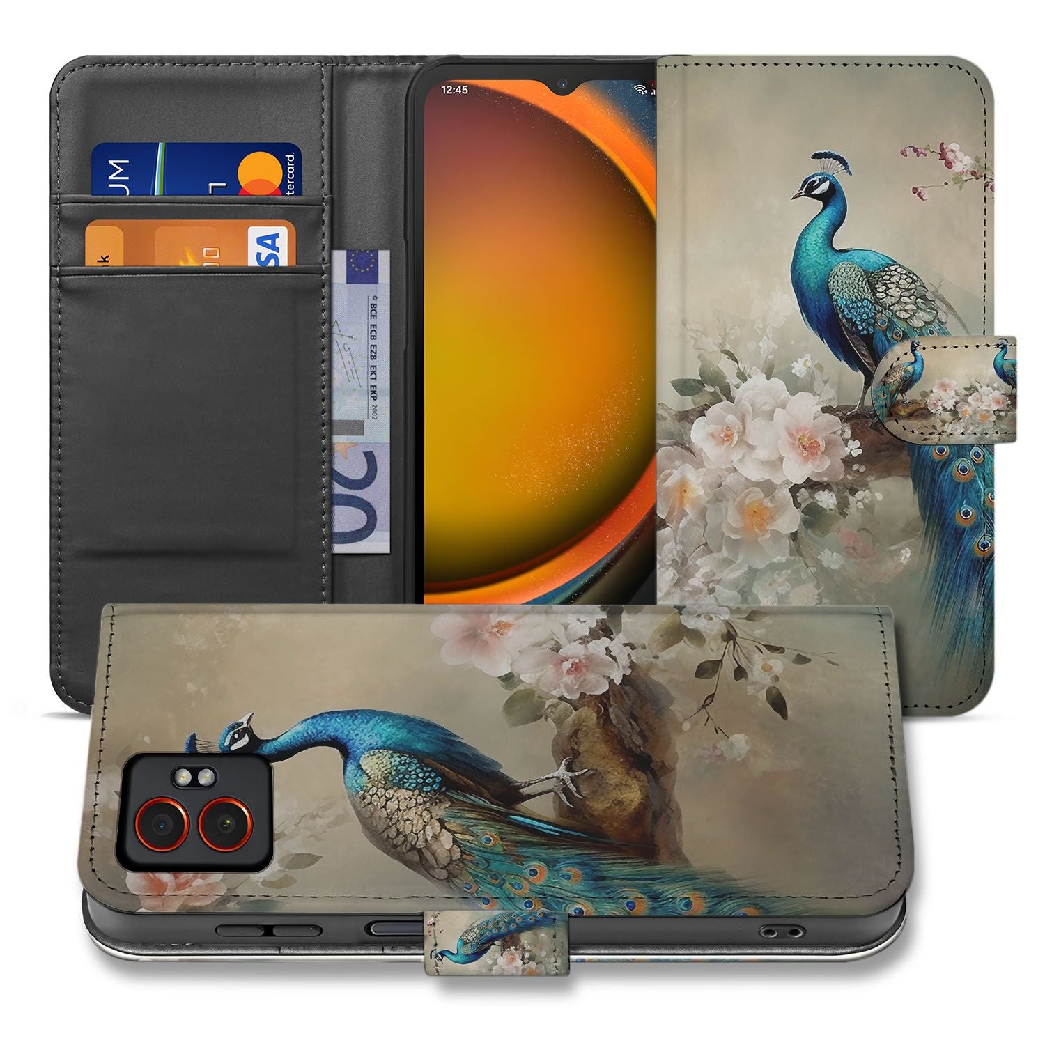 Vintage Pauwen Design Samsung Galaxy Xcover 7 Pro Bookcase Hoesje Met Pasjes voorkant en achterkant
