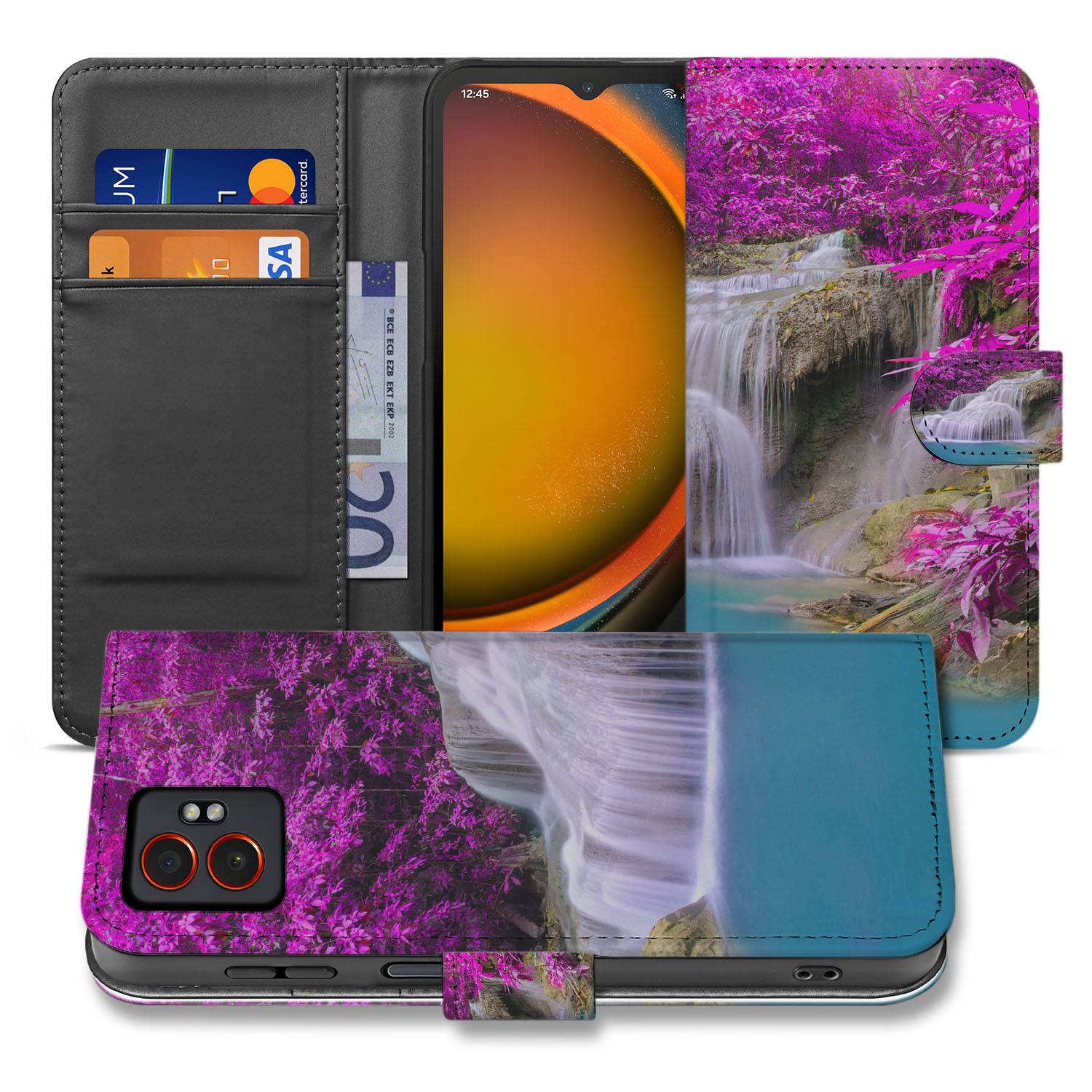 Samsung Galaxy Xcover 7 Pro Exclusief Design Waterval Paars Bookcase Hoesje Met Pasjes vooraanzicht