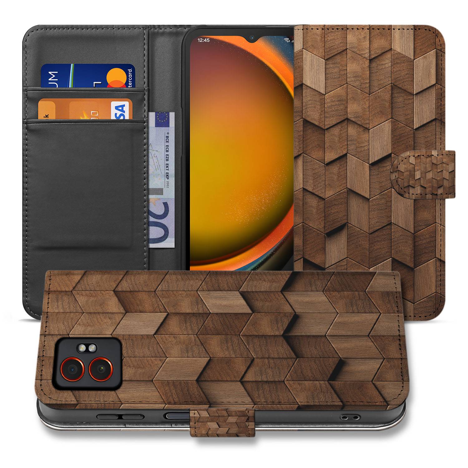 Samsung Galaxy Xcover 7 Pro Bookcase Hoesje Voor Samsung Galaxy Xcover 7 Pro Met Bruin Houtprint Kubusprint Design aanzicht