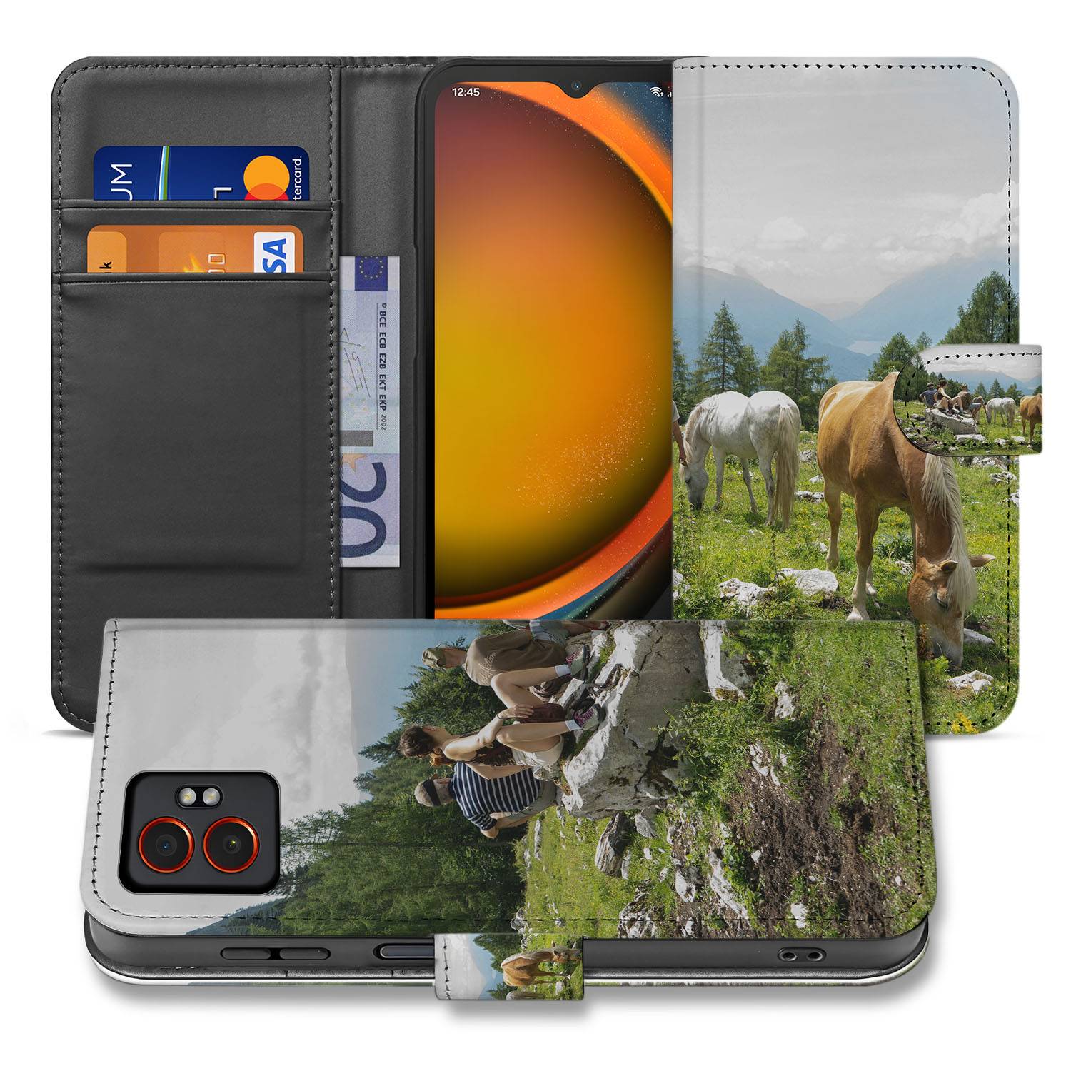 Samsung Galaxy XCover 7 Pro Bookcase Hoesje met Foto Fullprint Pasjeshouder aanzicht design paarden landschap