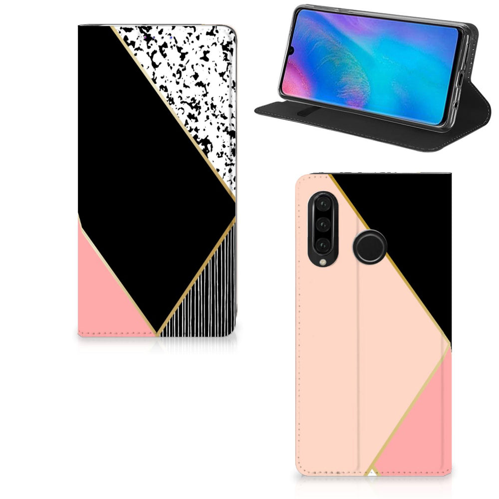 Huawei P30 Lite New Edition Stand Case Zwart Roze Vormen