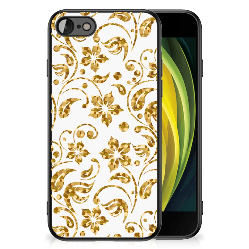 iPhone SE 2022 | SE 2020 | 7/8 Bloemen Hoesje Gouden Bloemen met gouden bloemenprint op TPU hoesje.