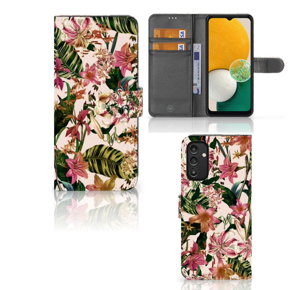 Samsung Galaxy A14 5G Hoesje Flowers in tropical floral design with card slots on a soft background.