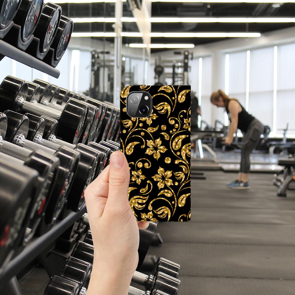 Apple iPhone 14 Plus Smart Cover Gouden Bloemen