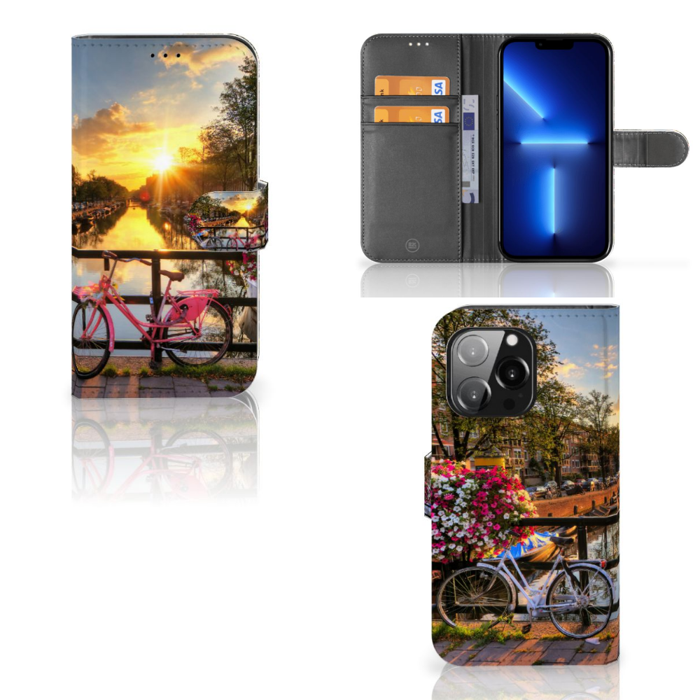 iPhone 13 Pro Flip Cover Amsterdamse Grachten met mooie fietsfoto's en pasjes vakken.