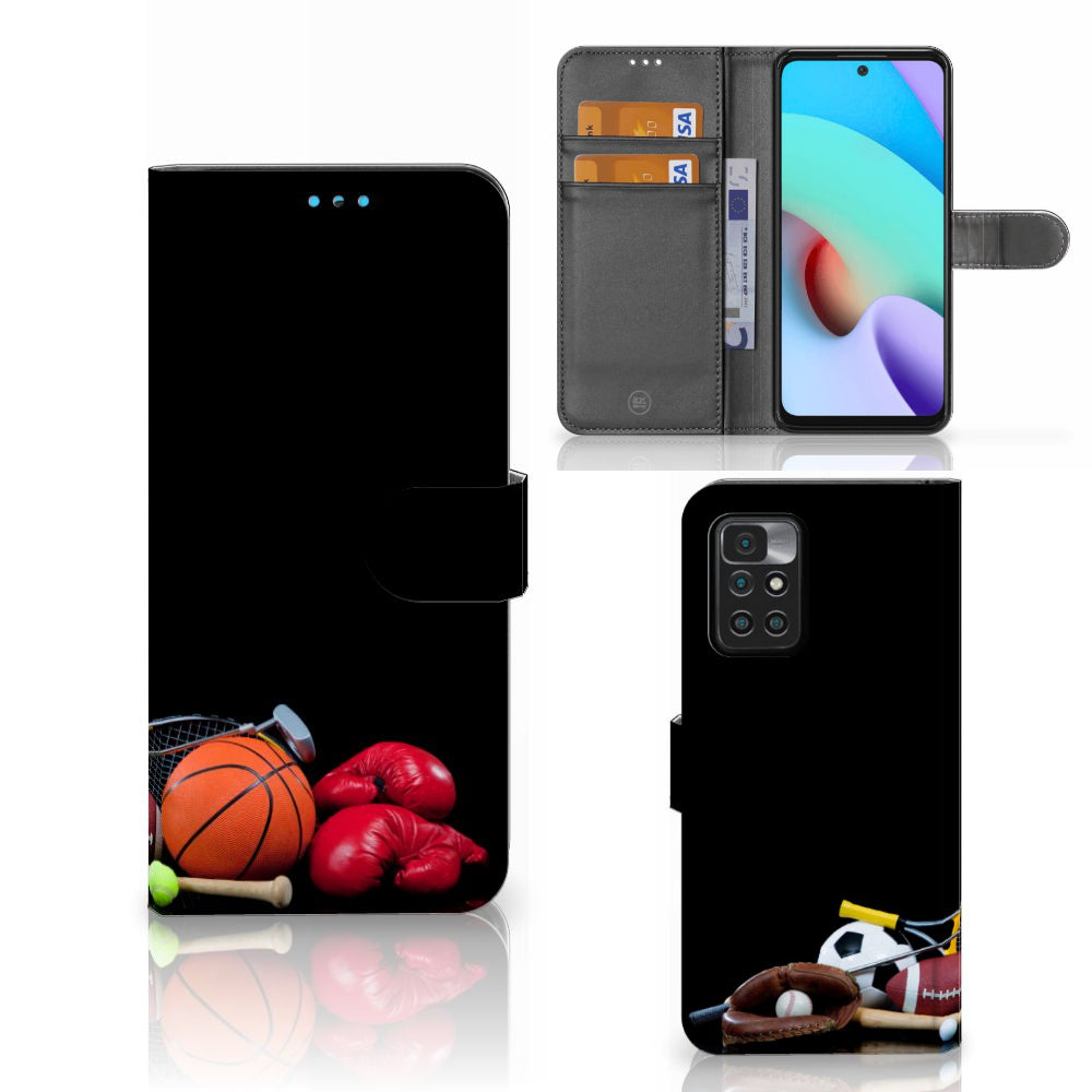Xiaomi Redmi 10 Wallet Case met Pasjes Sports met sportafbeeldingen van basketballen, bokshandschoenen en andere sportitems.