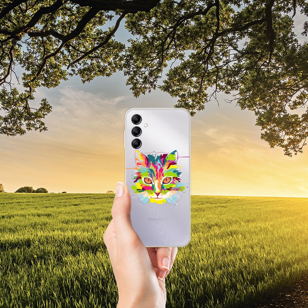 Samsung Galaxy A14 5G Telefoonhoesje met Naam Cat Color in hand voor zonsondergang achtergrond.