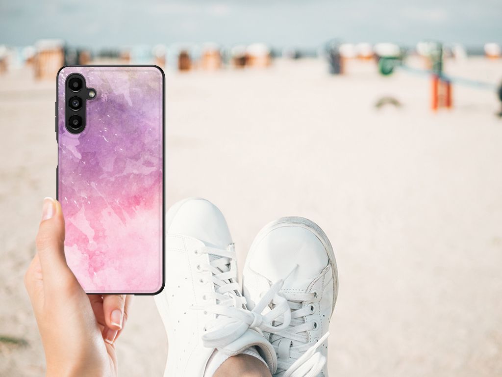 Kleurrijke Telefoonhoesje Samsung Galaxy A14 5G Pink Purple Paint met watercoloring design op een strand.