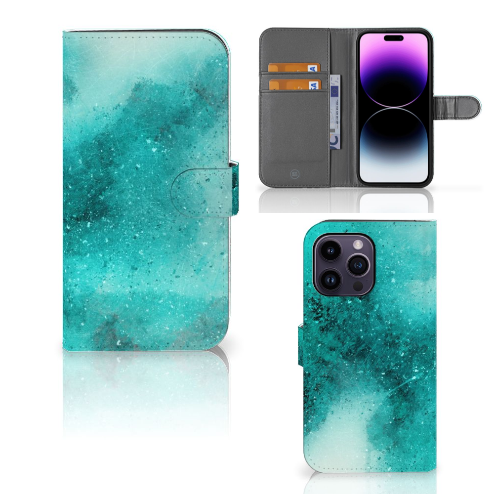 Hoesje iPhone 15 Pro Max Painting Blue met ruimte voor 3 pasjes en prachtig blauw palet design đ