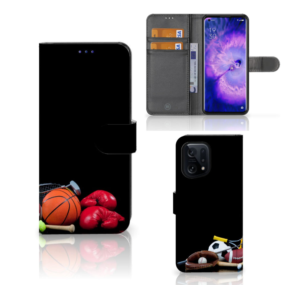 OPPO Find X5 Wallet Case met Pasjes Sports met sportafbeeldingen zoals basketbal en bokshandschoenen.