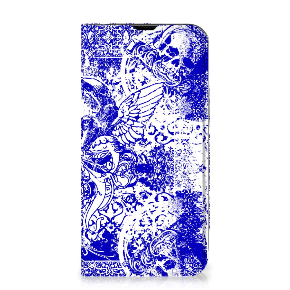 Mobiel BookCase iPhone 14 Angel Skull Blauw met een fraai en duister ontwerp van schedels en vleugels.