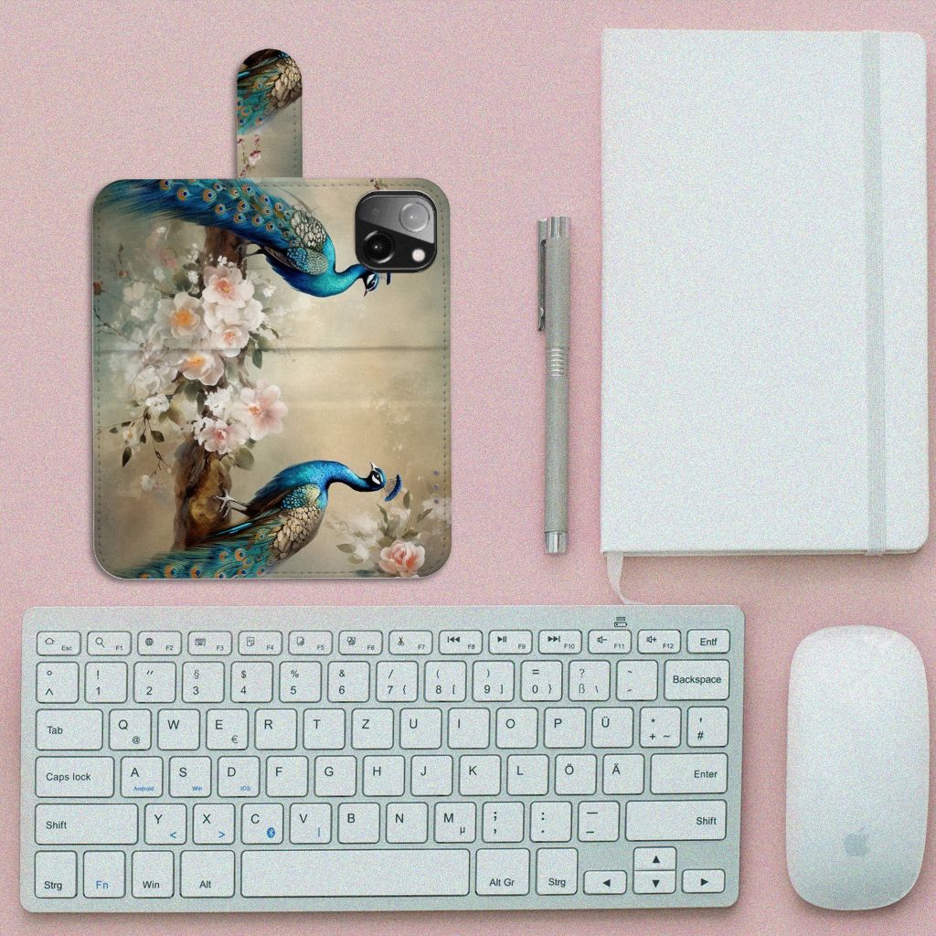 Telefoonhoesje met Pasjes voor iPhone 13 Mini Vintage Pauwen met kleurrijke pauwen en bloesems đ¸