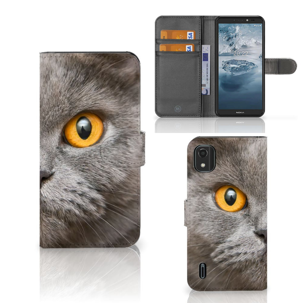 Telefoonhoesje met Pasjes Nokia C2 2nd Edition Britse Korthaar met afbeelding van een grijze kat.
