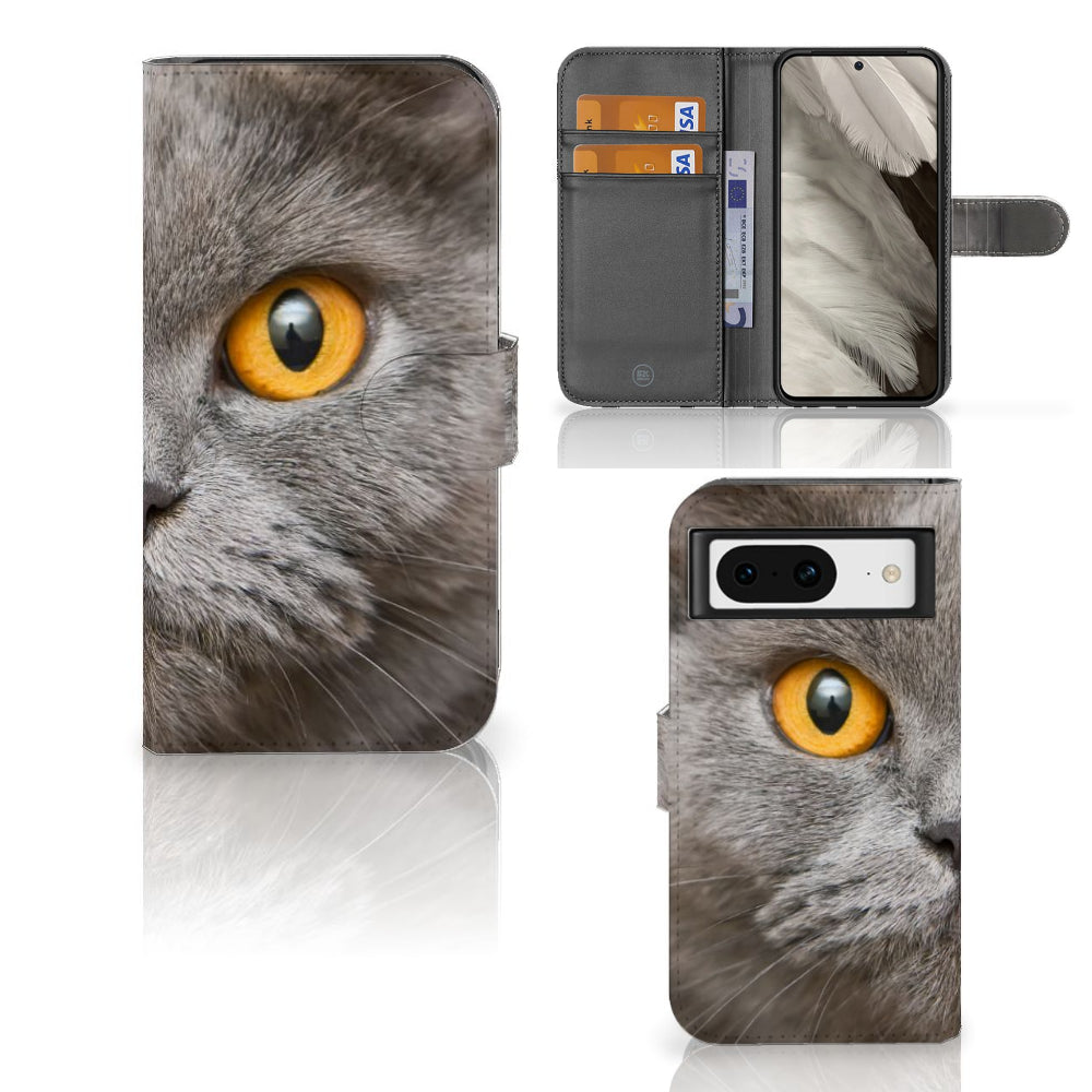 Telefoonhoesje met Pasjes Google Pixel 8 Britse Korthaar, met indrukwekkende kat met oranje ogen.