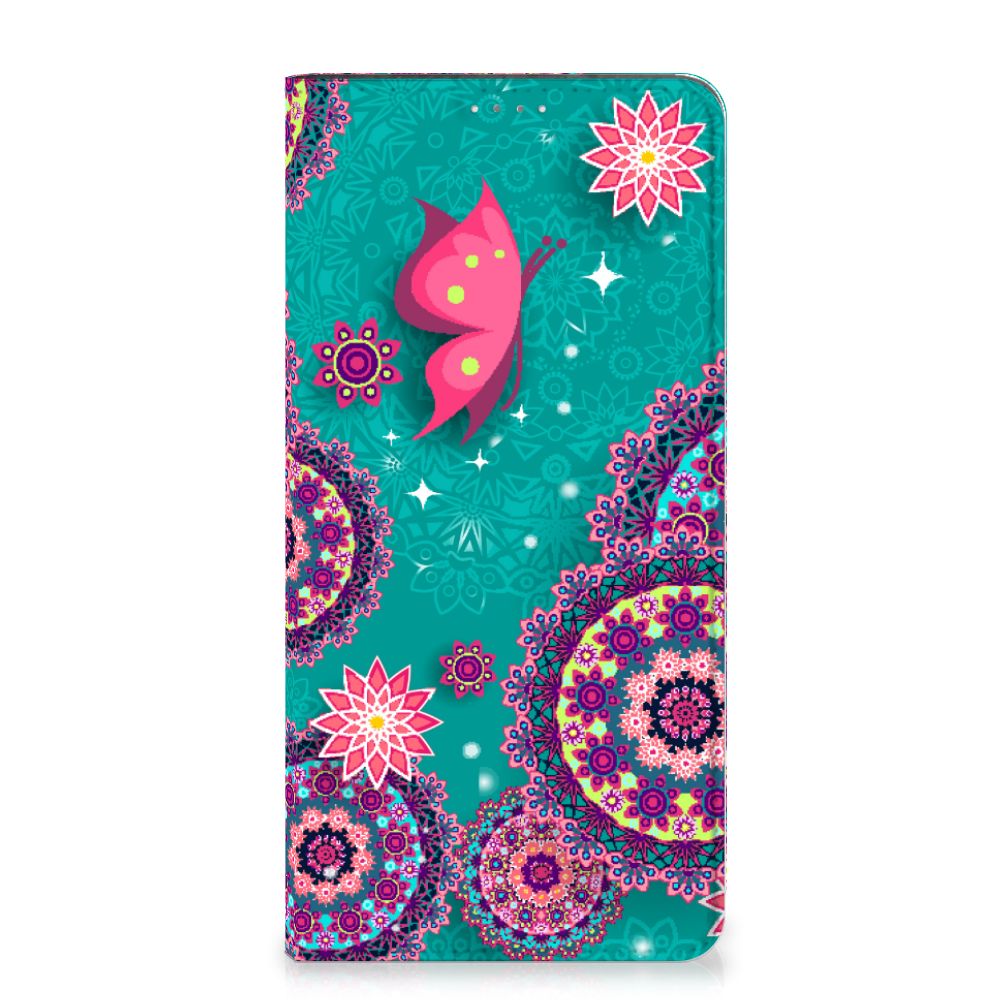 Samsung Galaxy A14 4G Bookcase Cirkels en Vlinders met kleurrijke cirkels en vlinderdesign.