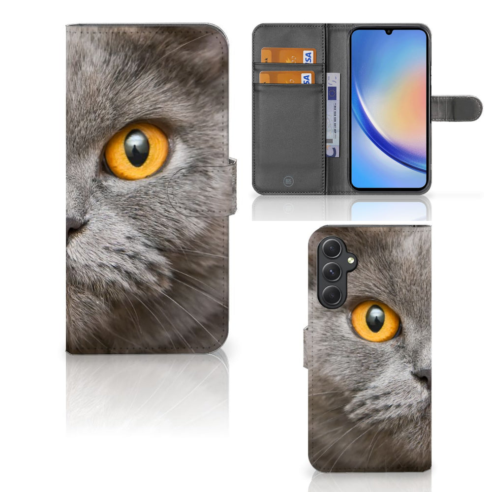 Telefoonhoesje met Pasjes Samsung Galaxy A24 4G Britse Korthaar, met afbeelding van een Britse korthaar kat.