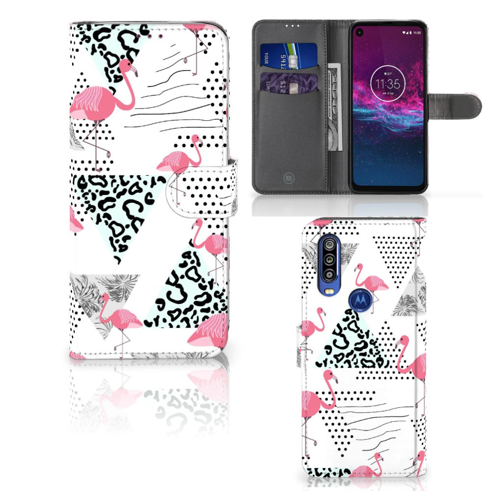 Motorola One Action Telefoonhoesje met Pasjes Flamingo Triangle