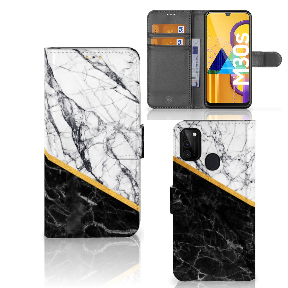 Samsung Galaxy M21 | M30s Bookcase Marmer Wit Zwart - Origineel Cadeau Man