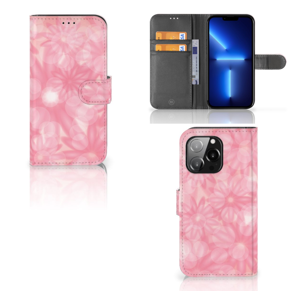 iPhone 13 Pro Hoesje Spring Flowers met bloemdesign en vakjes voor pasjes en briefgeld đē