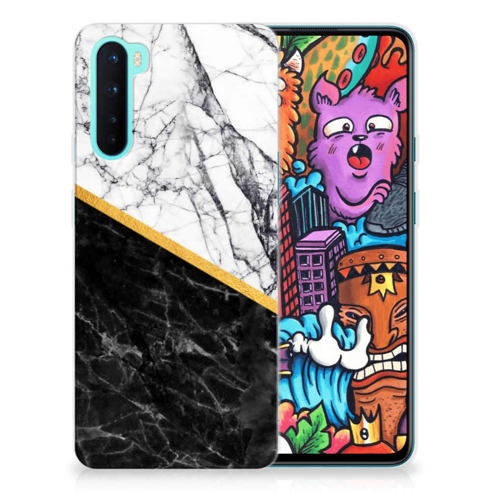 OnePlus Nord TPU Siliconen Hoesje Marmer Wit Zwart - Origineel Cadeau Man