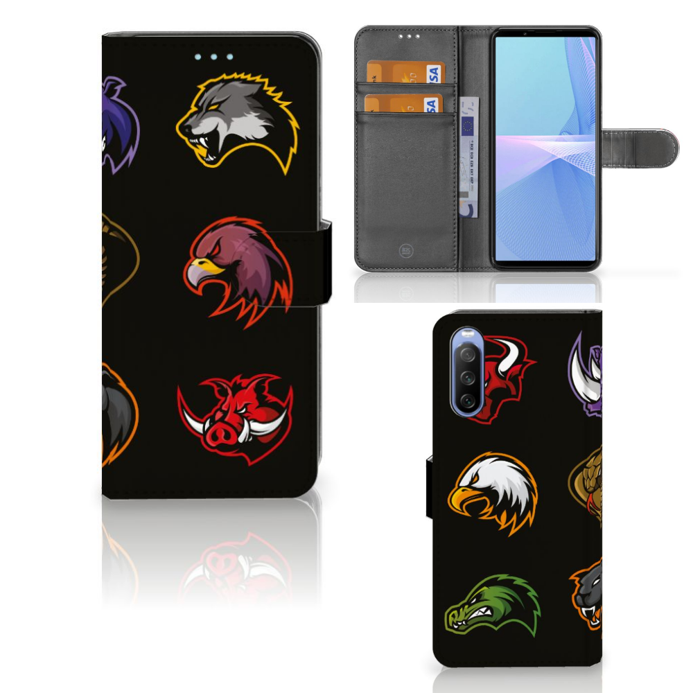 Sony Xperia 10 III Leuk Hoesje Cartoon met kleurrijke dierenprints en zwart ontwerp.