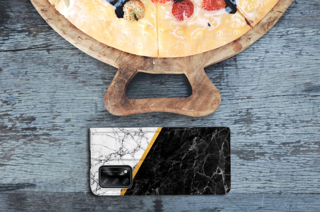 OPPO A74 4G Standcase Marmer Wit Zwart - Origineel Cadeau Man - B2C Telecom