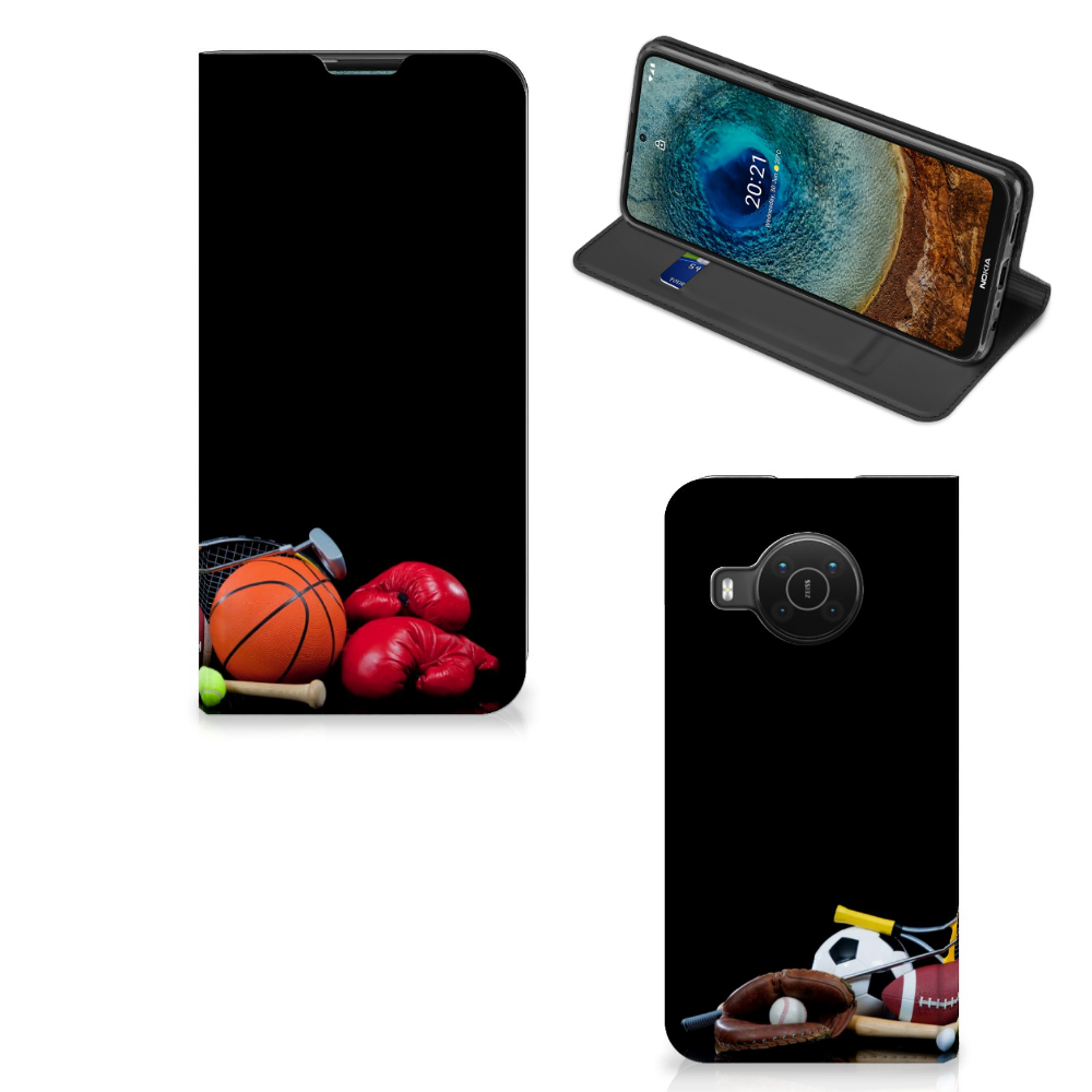 Nokia X20 | X10 Hippe Standcase Sports showcasing various sports equipment and a stylish phone case design.