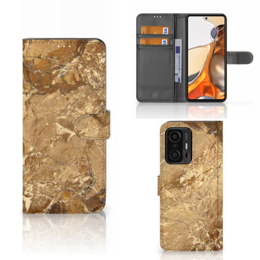 Xiaomi 11T | 11T Pro Bookcase Marmer Creme met luxe marmerdesign en vakjes voor passen.