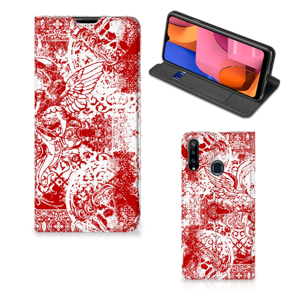 Mobiel BookCase Samsung Galaxy A20s Angel Skull Rood