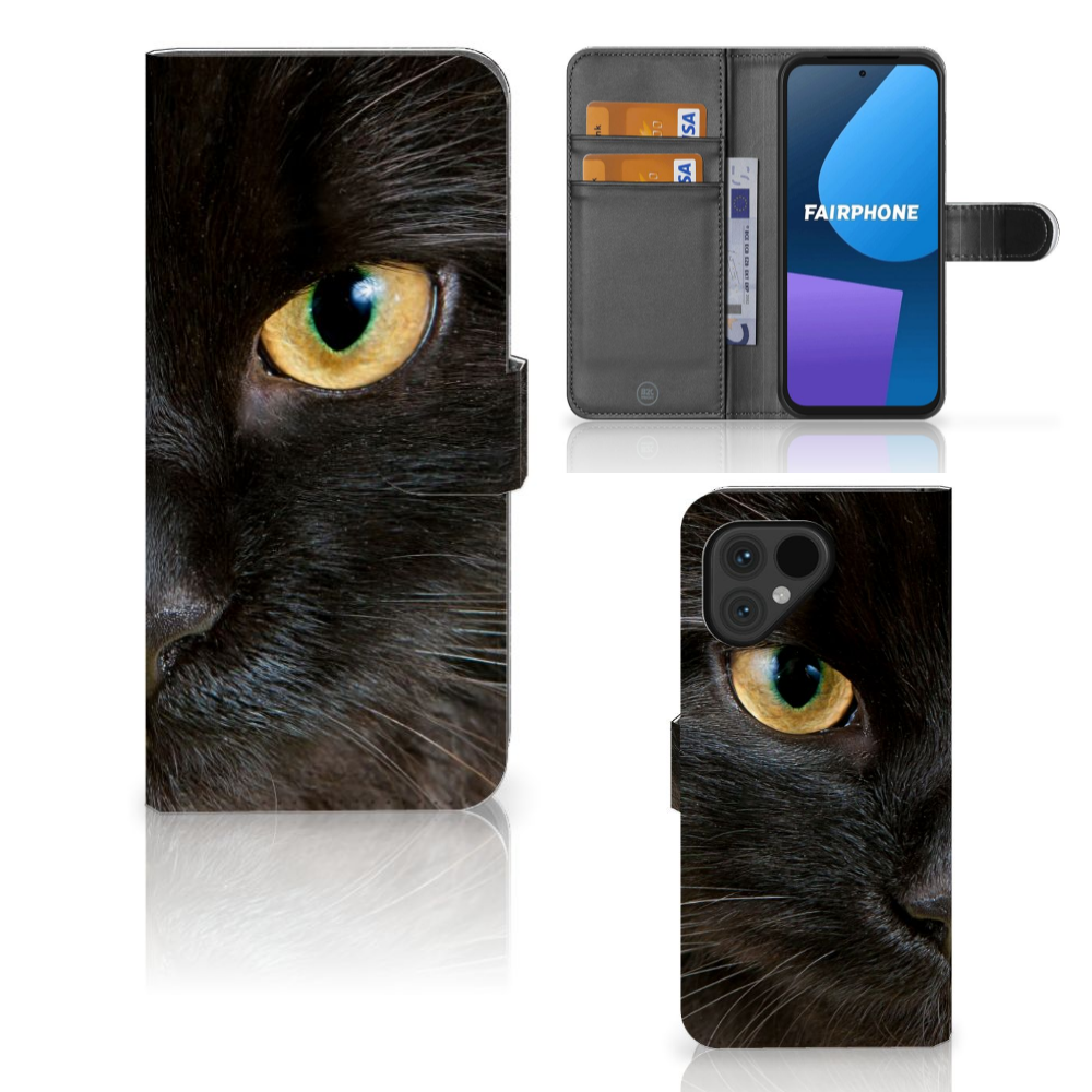 Fairphone 5 Telefoonhoesje met Pasjes Zwarte Kat