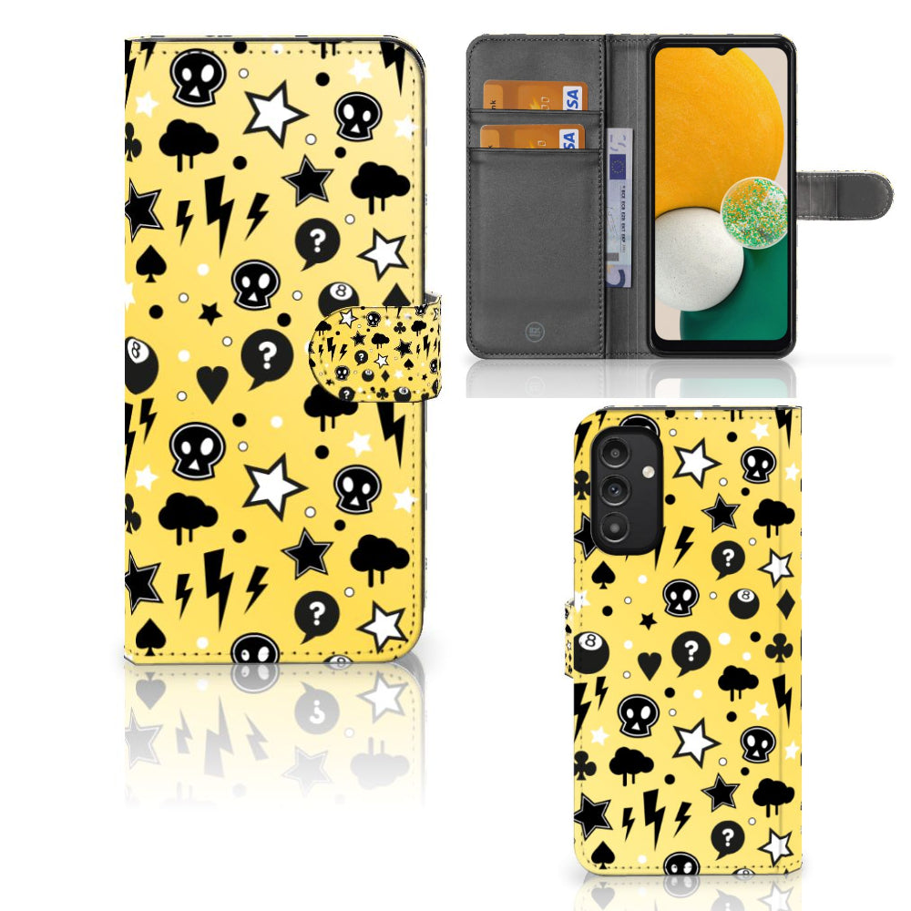 Telefoonhoesje met Naam Samsung Galaxy A14 4G Punk Geel met stoer design en vakjes voor pasjes.