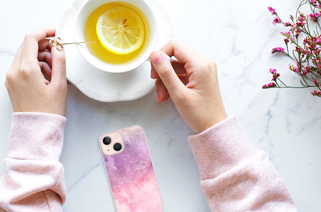 Hoesje maken iPhone 13 mini Pink Purple Paint met pastel kleuren en een kopje thee met citroen đ.