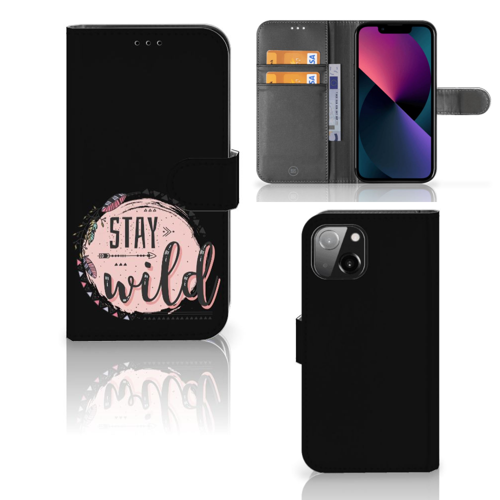 Apple iPhone 13 Leuk Hoesje Boho Stay Wild met handige vakjes voor pasjes en briefgeld