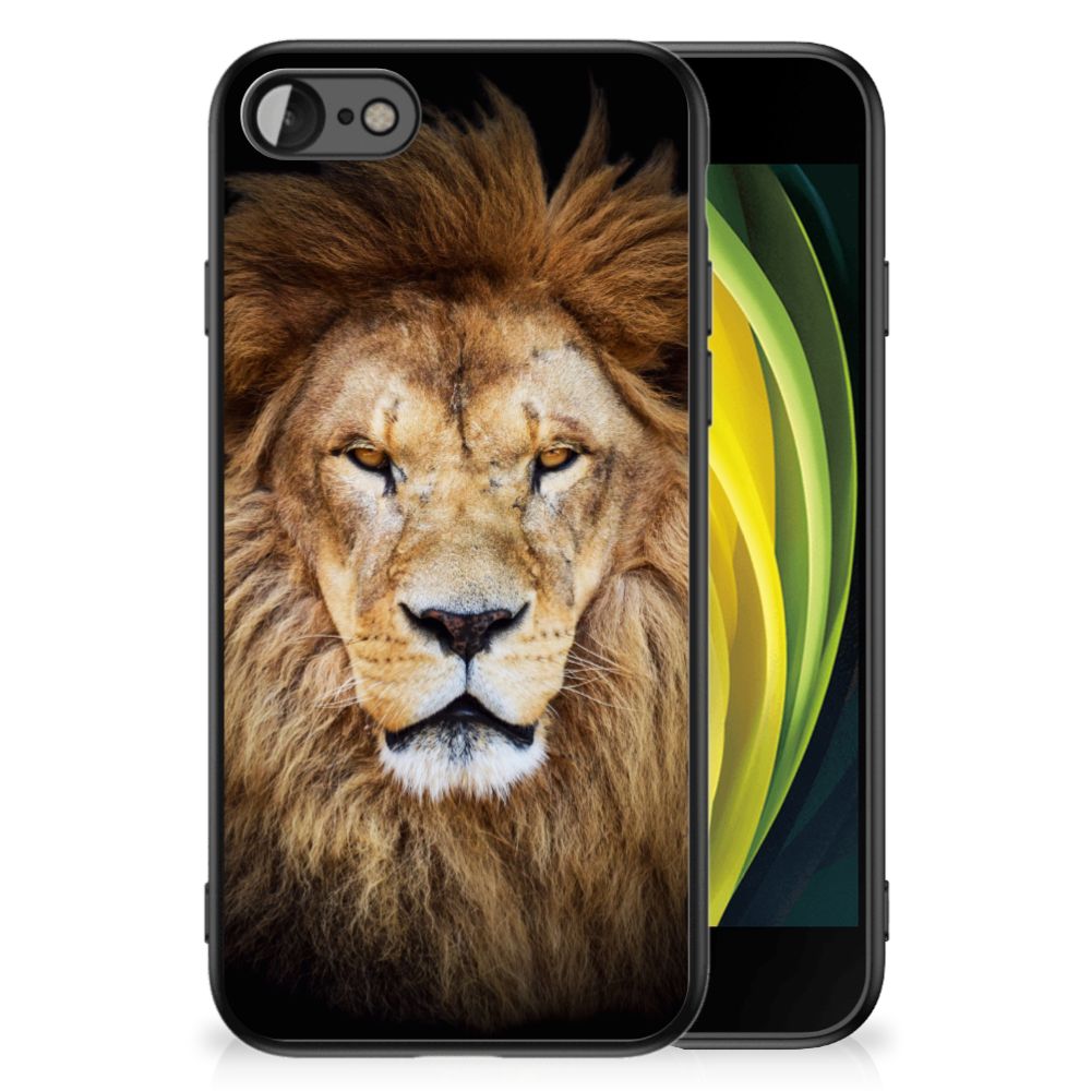 iPhone SE 2022 | SE 2020 | 7/8 Dierenprint Telefoonhoesje Leeuw met leeuwengezicht op zwart TPU-hoesje.