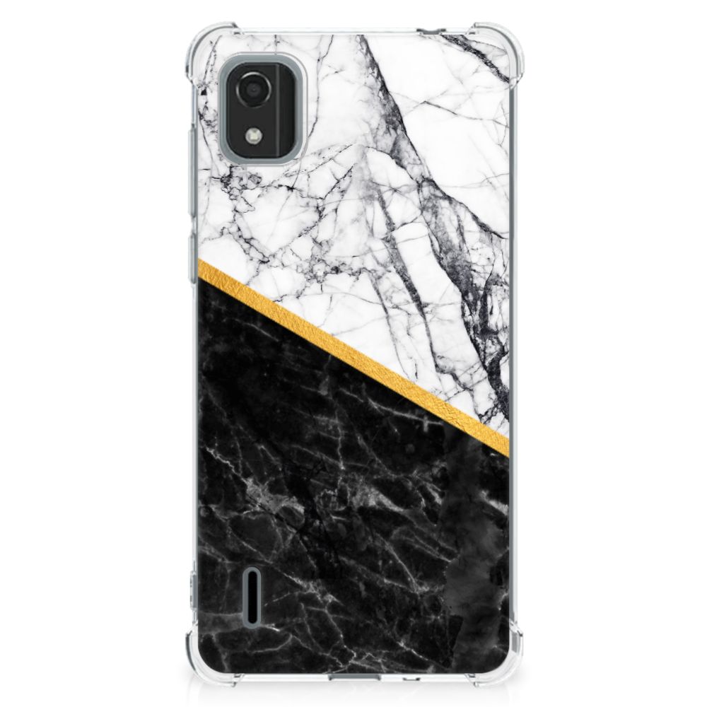 Nokia C2 2nd Edition Anti-Shock Hoesje Marmer Wit Zwart - Origineel Cadeau Man B2C Telecom