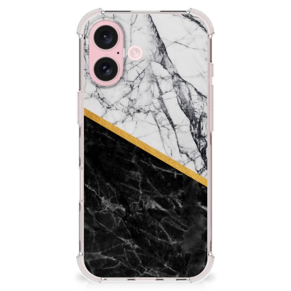 iPhone 16 Anti-Shock Hoesje Marmer Wit Zwart - Origineel Cadeau Man