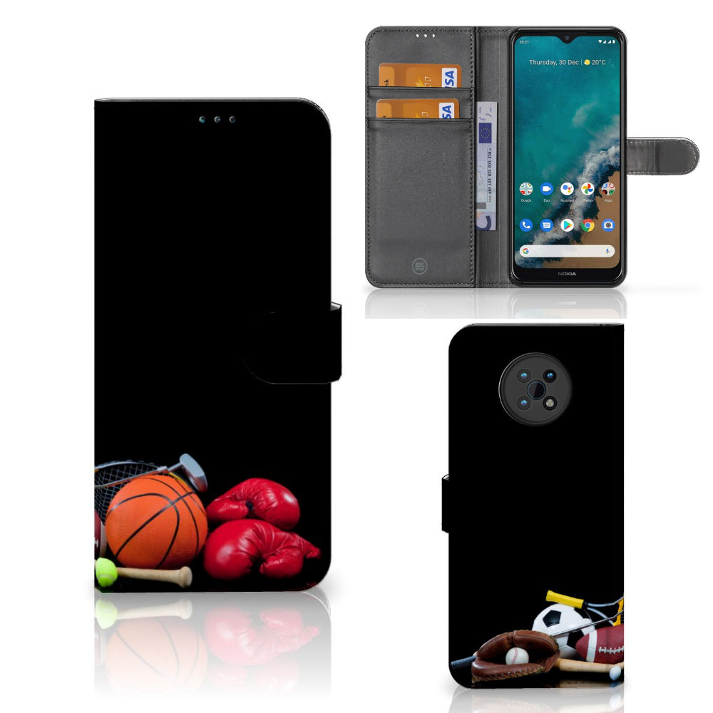 Nokia G50 Wallet Case met Pasjes Sports met afbeeldingen van sportaccessoires zoals een basketbal en bokshandschoenen.