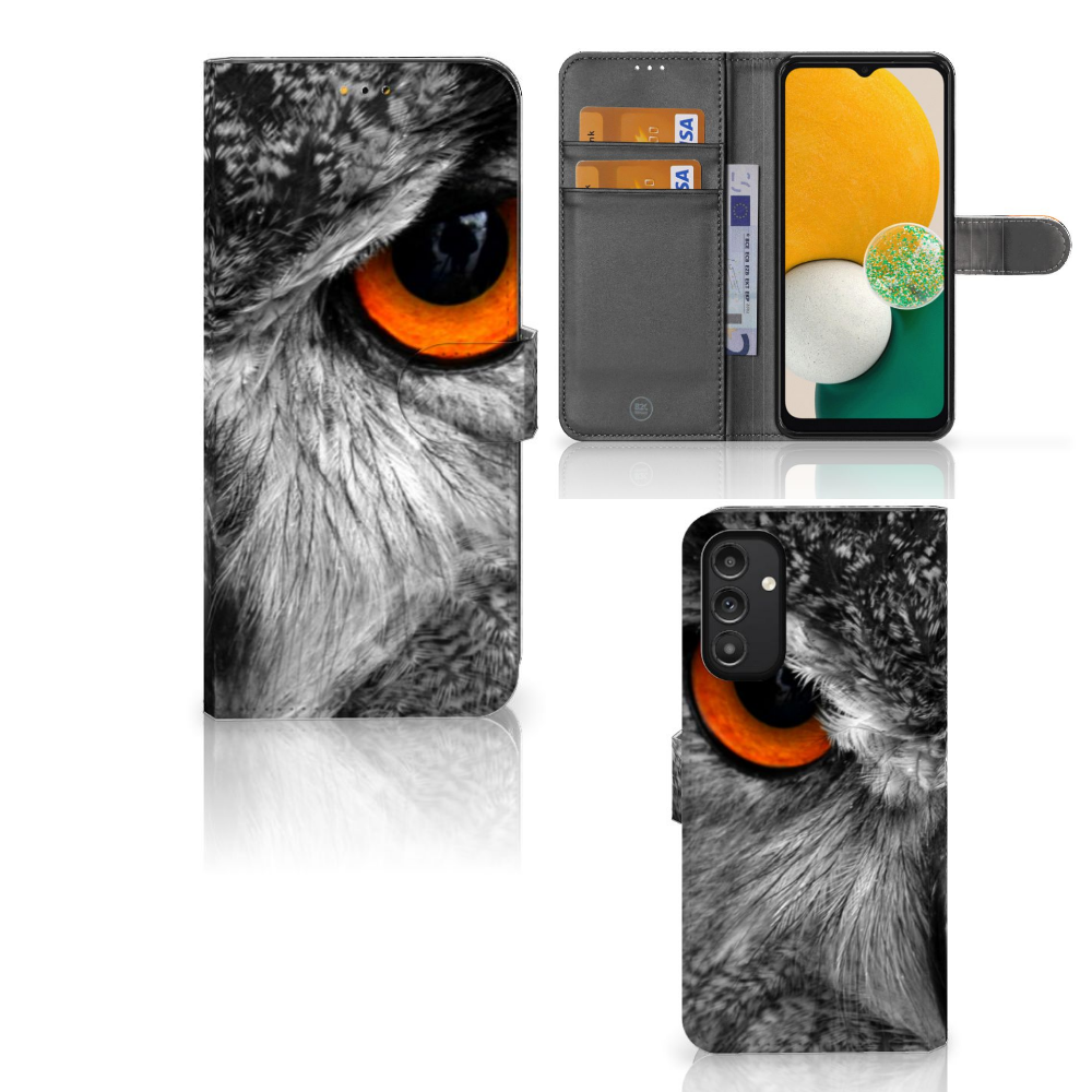 Samsung Galaxy A14 5G Telefoonhoesje met Pasjes Uil, met een opvallende uil op het ontwerp en ruimte voor pasjes.