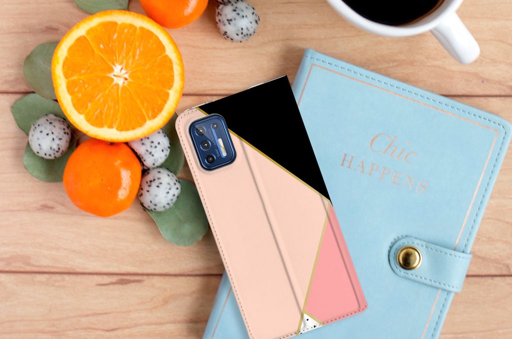 Motorola Moto G9 Plus Stand Case Zwart Roze Vormen - B2C Telecom