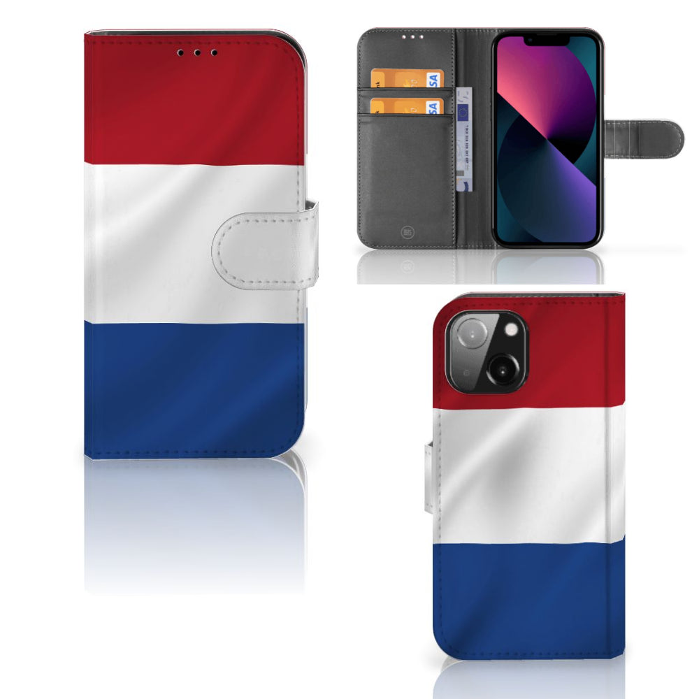 iPhone 13 Mini Bookstyle Case Nederlandse Vlag met artistiek ontwerp van de Nederlandse vlag, perfect voor trots op Nederland.