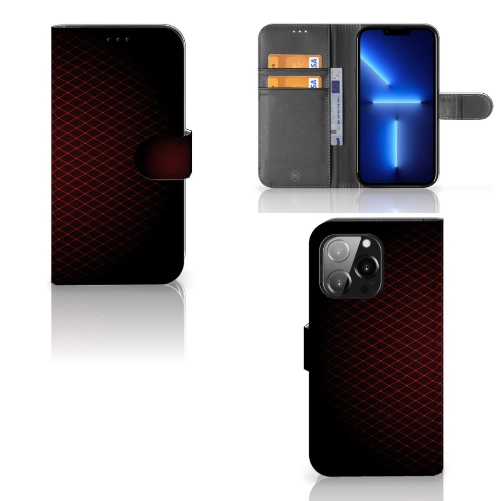 iPhone 13 Pro Telefoon Hoesje Geruit Rood met ruimte voor 3 pasjes, minimalistisch design.