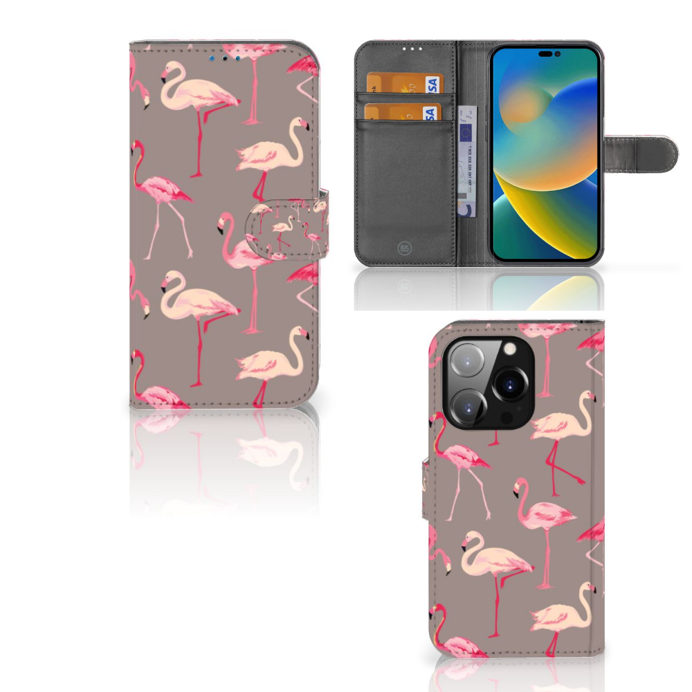 iPhone 14 Pro Telefoonhoesje met Pasjes Flamingo
