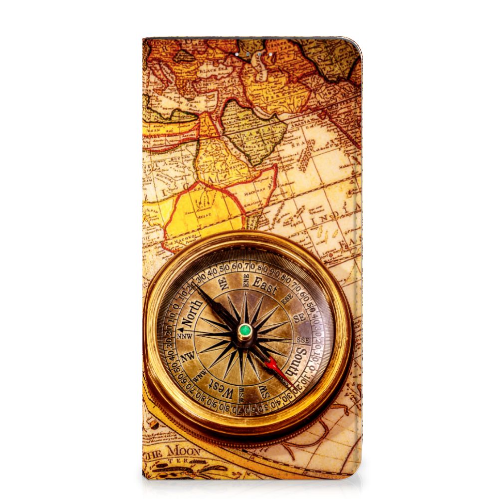 Samsung Galaxy A14 4G Book Cover Kompas met vintage kaart en kompasontwerp