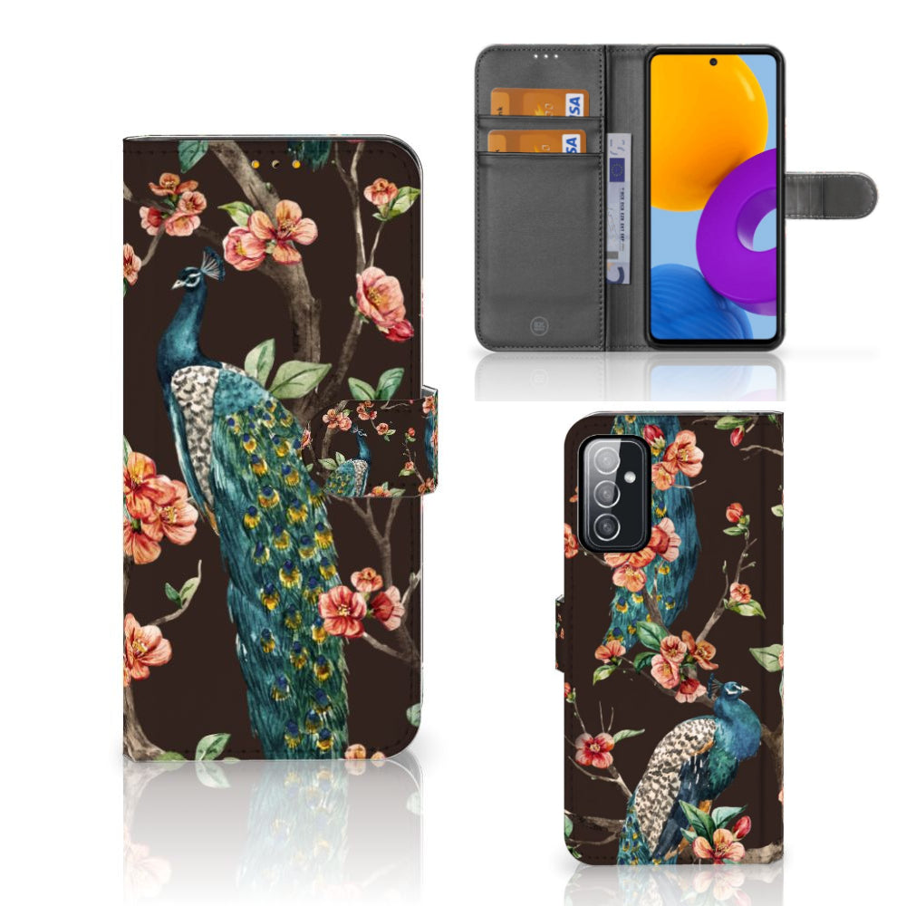 Samsung Galaxy M52 Telefoonhoesje met Pasjes Pauw met Bloemen