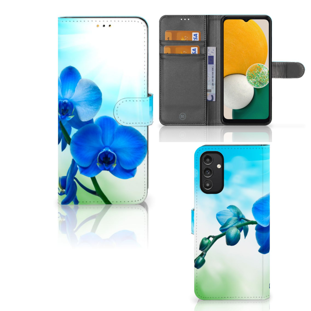 Samsung Galaxy A14 5G Hoesje Orchidee Blauw - Cadeau voor je Moeder met elegante orchidee print.