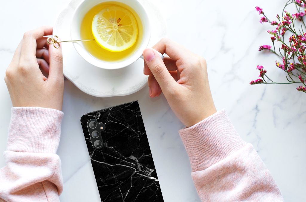 Samsung Galaxy A14 4G Standcase Marmer Zwart - Origineel Cadeau Vader met een kopje thee en citroen.